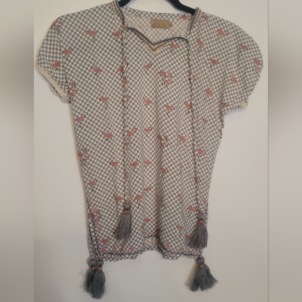 Flamingo blouse, beaded with tassels L